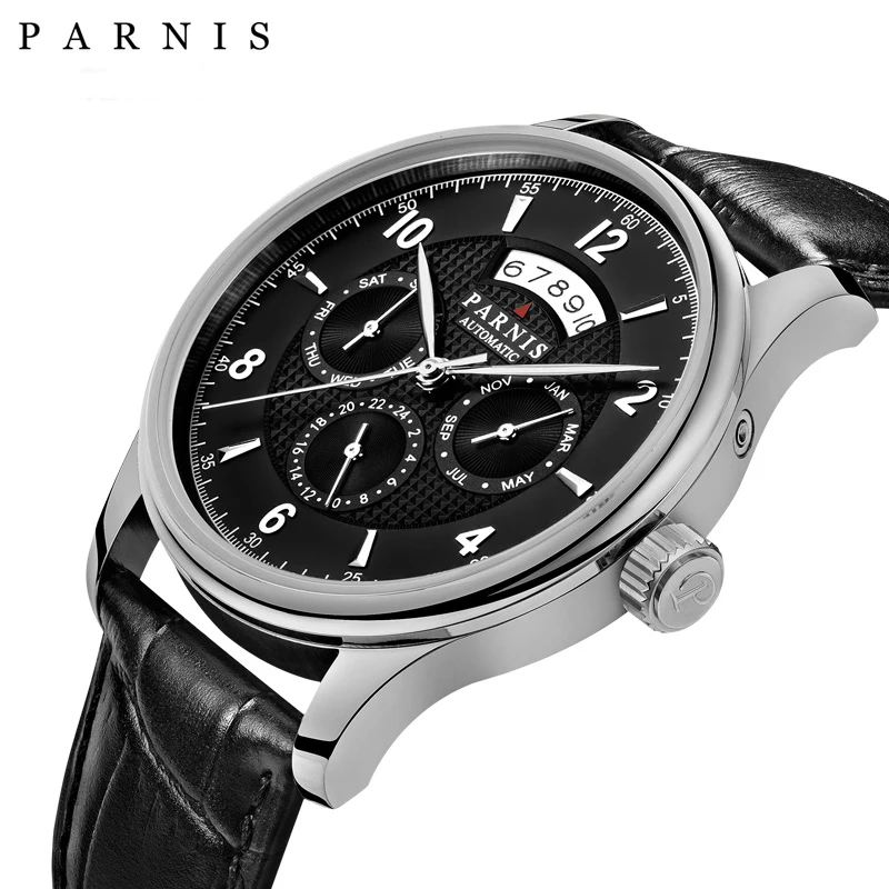 Часы наручные Parnis Мужские автоматические брендовые механические с кожаным