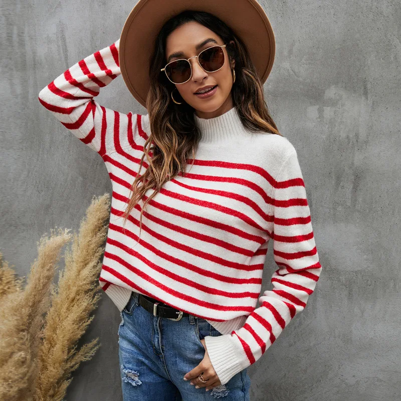Women's Fashion Stripe Knitwear Loose Long Sleeve Standing Neck Pullover Sweater
Women's Fashion Stripe Knitwear Loose Long Sleeve Standing Neck Pullover Sweater