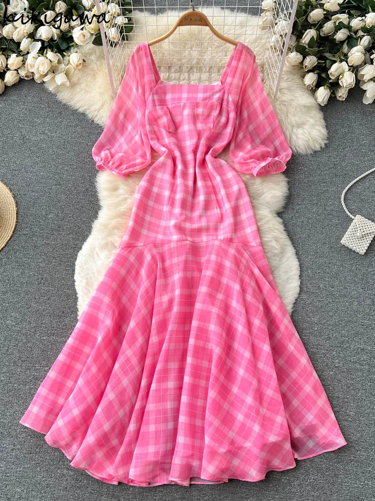 Hikigawa Chic Fashion Woman Dress Square Collar Pink Plaid Vestidos Elegantes Para Mujer Slimming Maxi Dresses for Women
Hikigawa Chic Fashion Woman Dress Square Collar Pink Plaid Vestidos Elegantes Para Mujer Slimming Maxi Dresses for Women