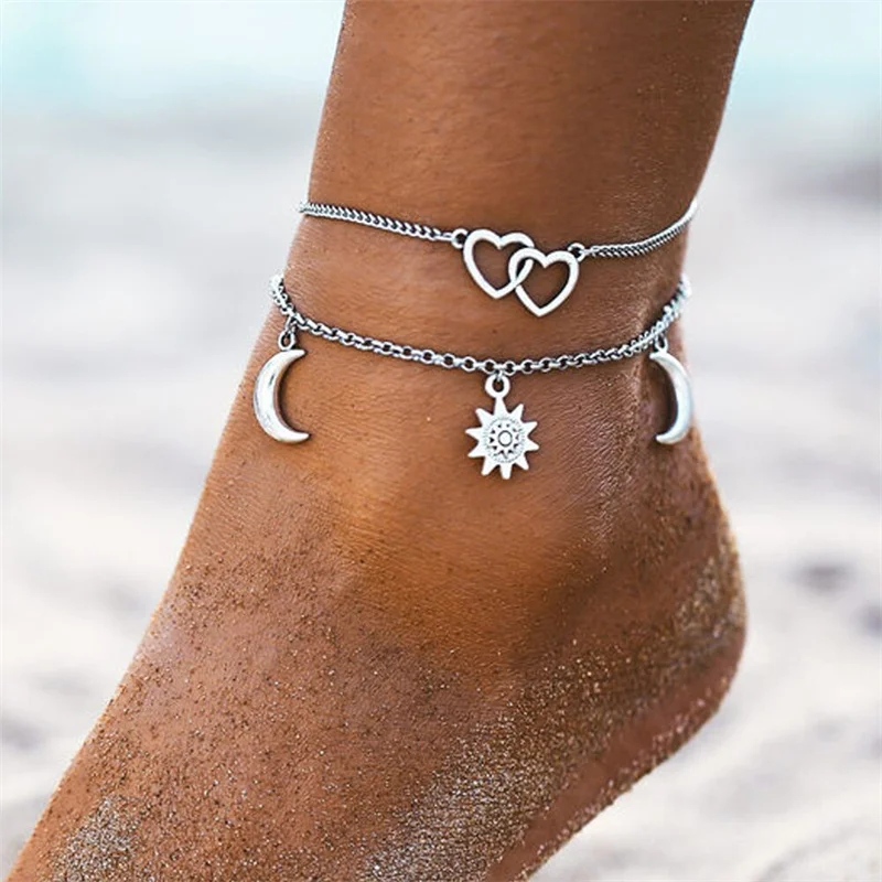 

Vintage Sun Moon Heart Anklet for Women Girl Boho Jewelry ECG Evil Eye Elephant Feather Summer Beach Foot Chain Friends Gift