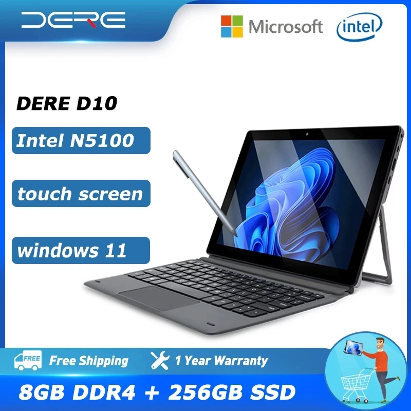 Dere D10 Touch Screen Laptop 10.1" 2-in-1 FHD IPS 8GB RAM 256GB SSD Intel Celeron N5100 Portable Computer Windows 11 Notebook
Dere D10 Touch Screen Laptop 10.1" 2-in-1 FHD IPS 8GB RAM 256GB SSD Intel Celeron N5100 Portable Computer Windows 11 Notebook