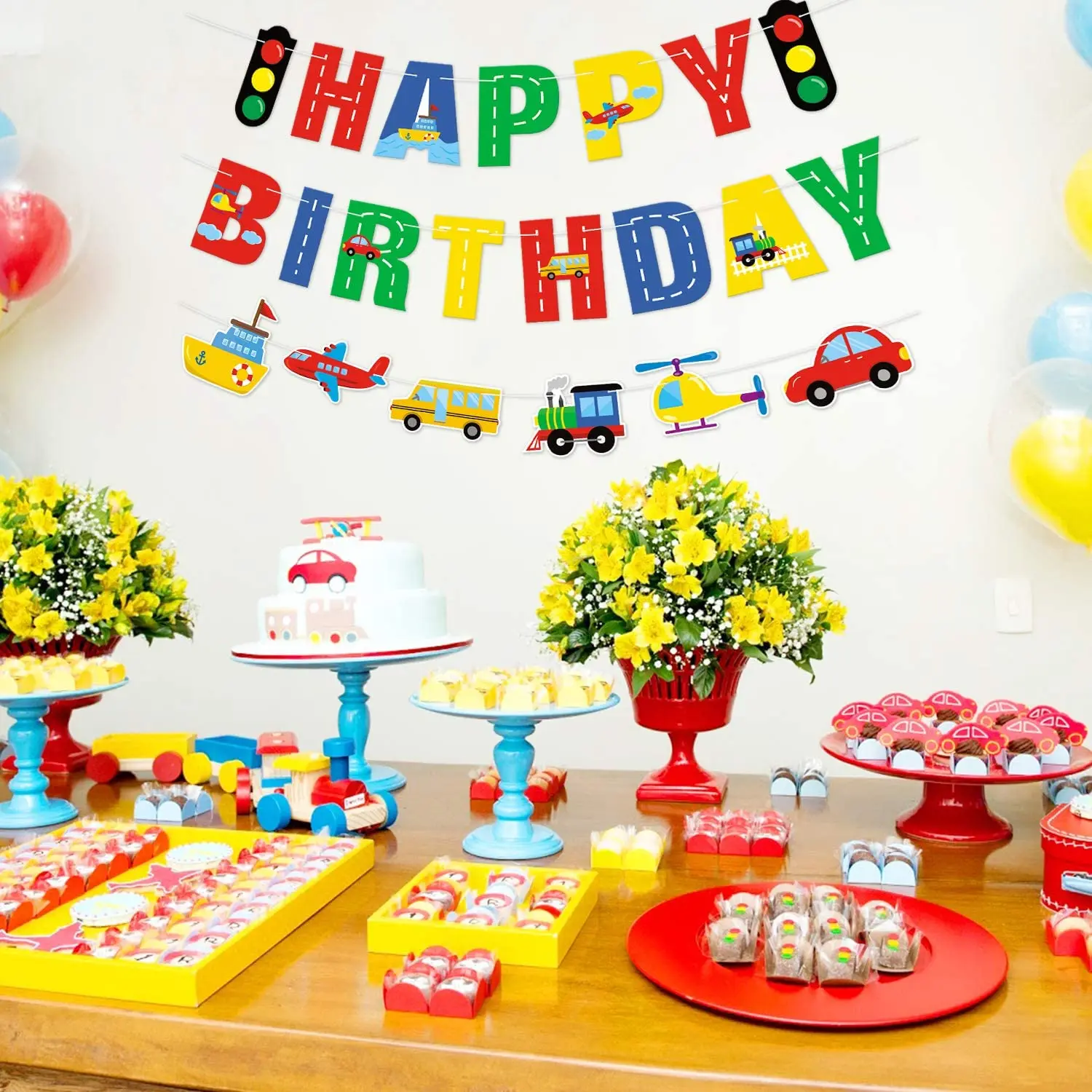 

Transportation Happy Birthday Banner Car Train Plane Ship Helicopter Traffic Light for Airplane Kids Birthday Party Decorations