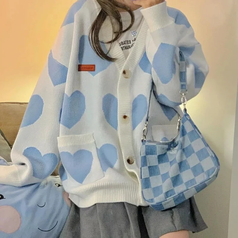 Deeptown Kawaii Korean Style Heart Print Blue Sweater Cardigan Women Cute Harajuku Preppy Fashion V-neck Jumper Female Tops
Deeptown Kawaii Korean Style Heart Print Blue Sweater Cardigan Women Cute Harajuku Preppy Fashion V-neck Jumper Female Tops