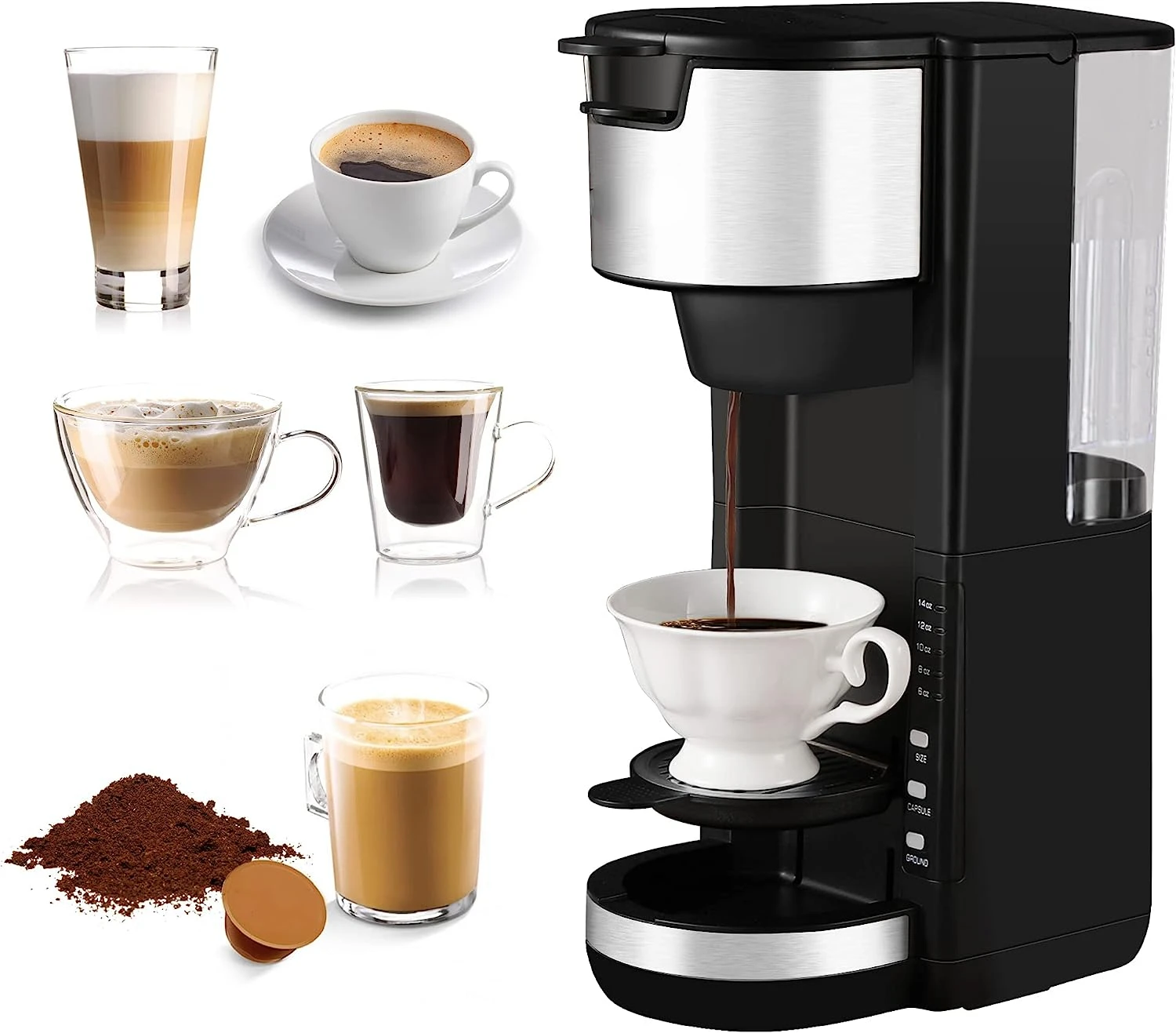 Serve Coffee Maker, For Single Cup Pod & Coffee Ground, 30 Oz Removable Reservoir, Compact Coffee Machine Brewer with 6 to 1 Cof
Serve Coffee Maker, For Single Cup Pod & Coffee Ground, 30 Oz Removable Reservoir, Compact Coffee Machine Brewer with 6 to 1 Cof