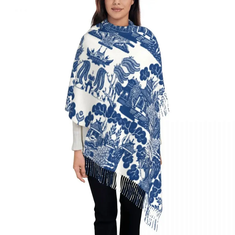 

Customized Printed Blue Willow Chinoiserie Blue And White Porcelain Inspiration Scarf Men Women Winter Warm Scarves Shawl Wrap