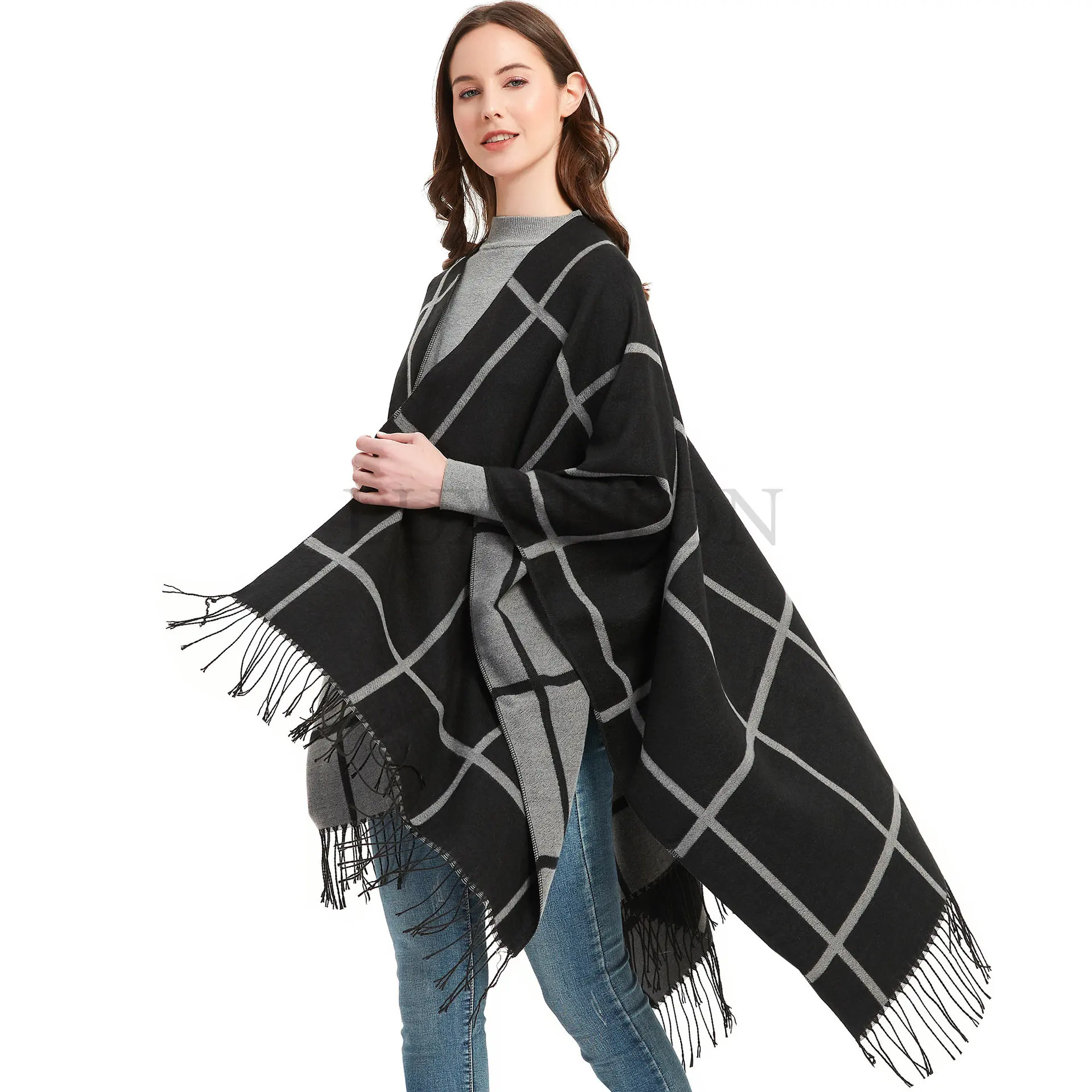 

Elegant Cashmere Pashmina Cloak Female Warm Tassel Ponchos Capes Soft Blanket Cape Thick Reversible Plaid Shawls and Wraps