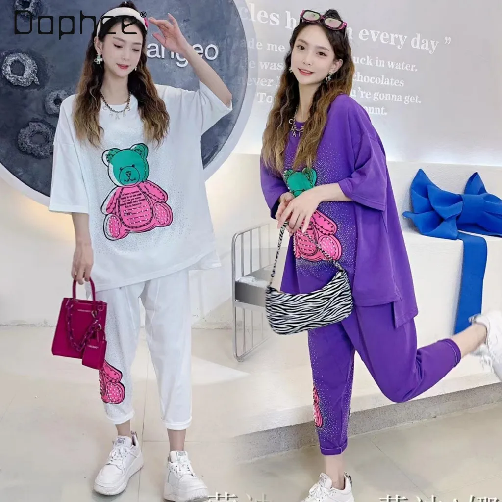 Heavy Embroidery Hot Drilling Colorful Bear Short Sleeve Loose T-shirt Female Summer New Cropped Pants Casual Two-Piece Suit
Heavy Embroidery Hot Drilling Colorful Bear Short Sleeve Loose T-shirt Female Summer New Cropped Pants Casual Two-Piece Suit