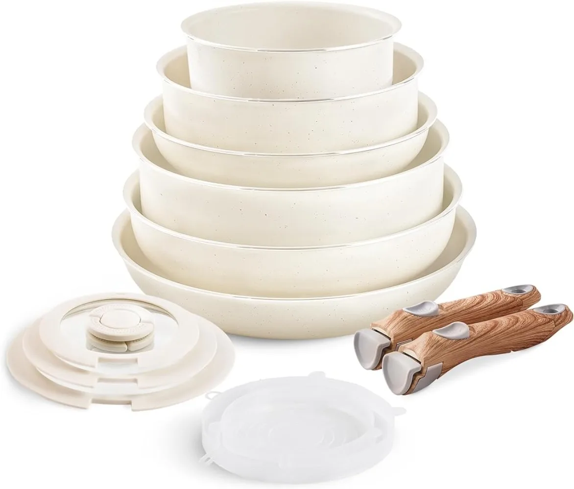 

Nonstick Cookware Set - 13 PCS Stackable Pots and Pans Set Detachable Handle Camping Cookware, Granite Kitchen Cookware Sets