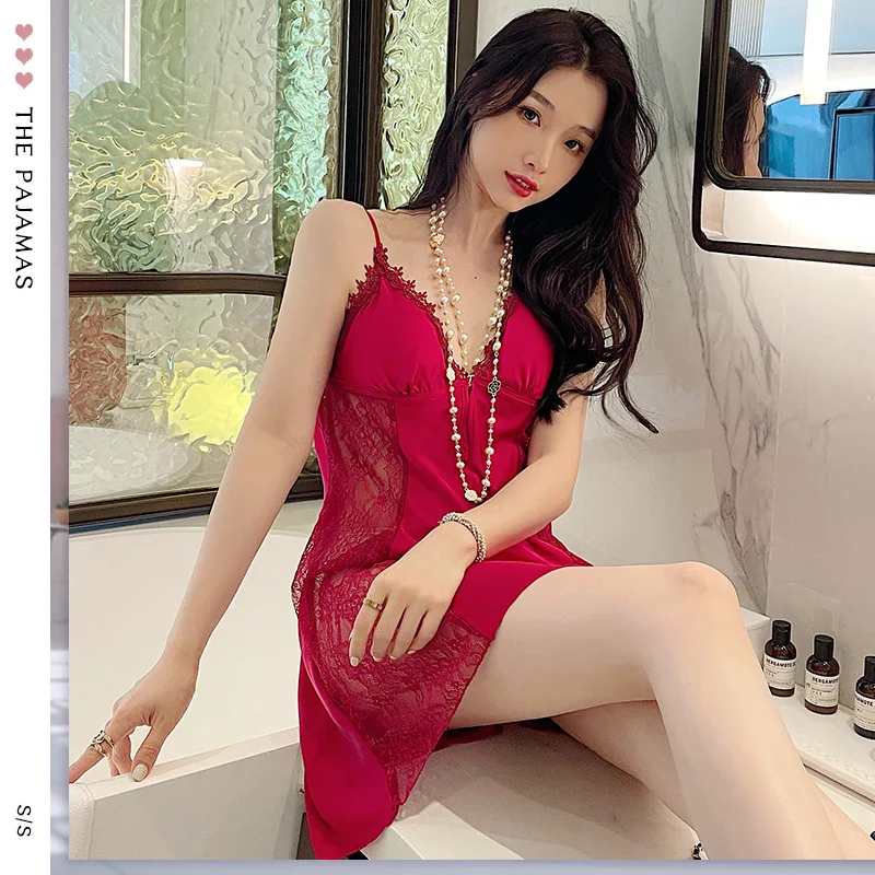 Summer Female Nightdress Intimate Lingerie Sexy Patchwork Lace Suspender Skirt Sleepwear Nightgown Loose Thin Satin Home Dress
Summer Female Nightdress Intimate Lingerie Sexy Patchwork Lace Suspender Skirt Sleepwear Nightgown Loose Thin Satin Home Dress