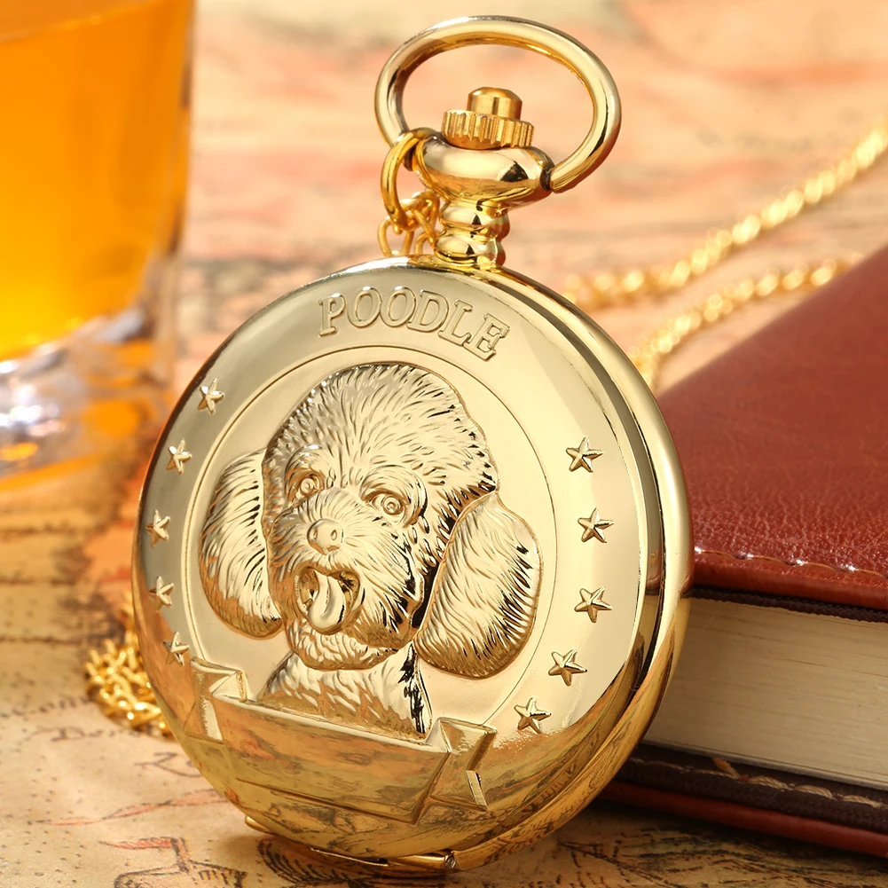 Cute Poodle Gold Case Pattern Quartz Pocket Watches Golden Pendant White Arabic Numeral Dial Clock Luxury Necklace Fine Chain
Cute Poodle Gold Case Pattern Quartz Pocket Watches Golden Pendant White Arabic Numeral Dial Clock Luxury Necklace Fine Chain