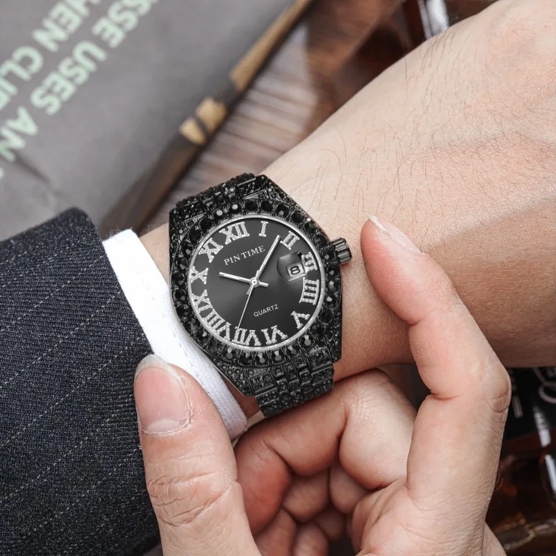 

PINTIME Men's Watches Waterproof 30M Fashion Quartz Wristwatches Iced Out Diamond Rome Dial Luxury Calendar Clock Reloj Hombre
