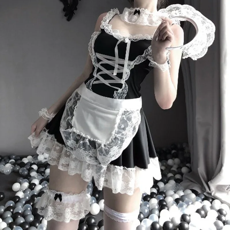 

Women Lolita Sexy Lingerie Maid Outfit Maid Uniform Cosplay Costume Lace Deep V Hollow Suit Sling Strapless Lolita Dress