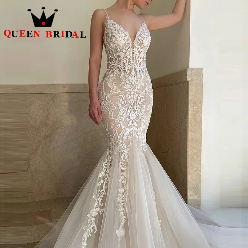 

Luxury Appliques Mermaid Wedding Dresses Spaghetti Straps V Neck Backless Bridal Gown For Women Robe De Mariée Custom S42Y