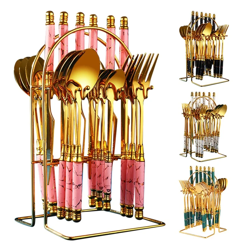 24Pcs Gold Dinnerware Set Stainless Steel Tableware Set With Storage Rack Knife Fork Spoon Luxury Cutlery Set
24Pcs Gold Dinnerware Set Stainless Steel Tableware Set With Storage Rack Knife Fork Spoon Luxury Cutlery Set