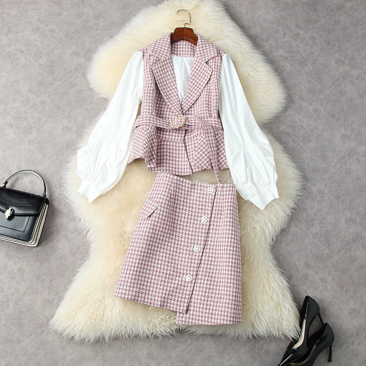 European and American women's wear spring 2022 new Long-sleeved plaid pink tweed coat Button irregular skirt Fashion suits
European and American women's wear spring 2022 new Long-sleeved plaid pink tweed coat Button irregular skirt Fashion suits