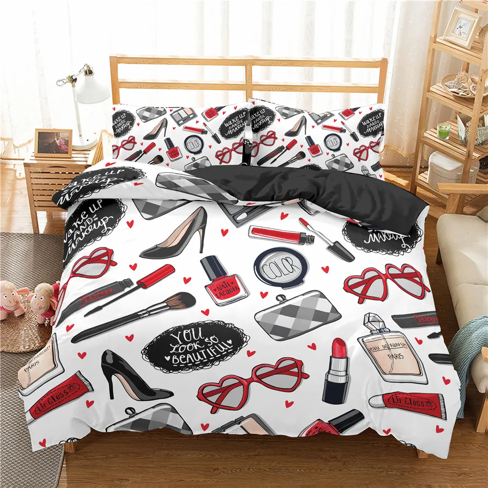 Fashion Female 3D Cosmetic Duvet Cover Lipstick Makeup Bedding Set Women Bed Quilt Covers And Pillowcase Queen King Size 2/3pcs
Fashion Female 3D Cosmetic Duvet Cover Lipstick Makeup Bedding Set Women Bed Quilt Covers And Pillowcase Queen King Size 2/3pcs