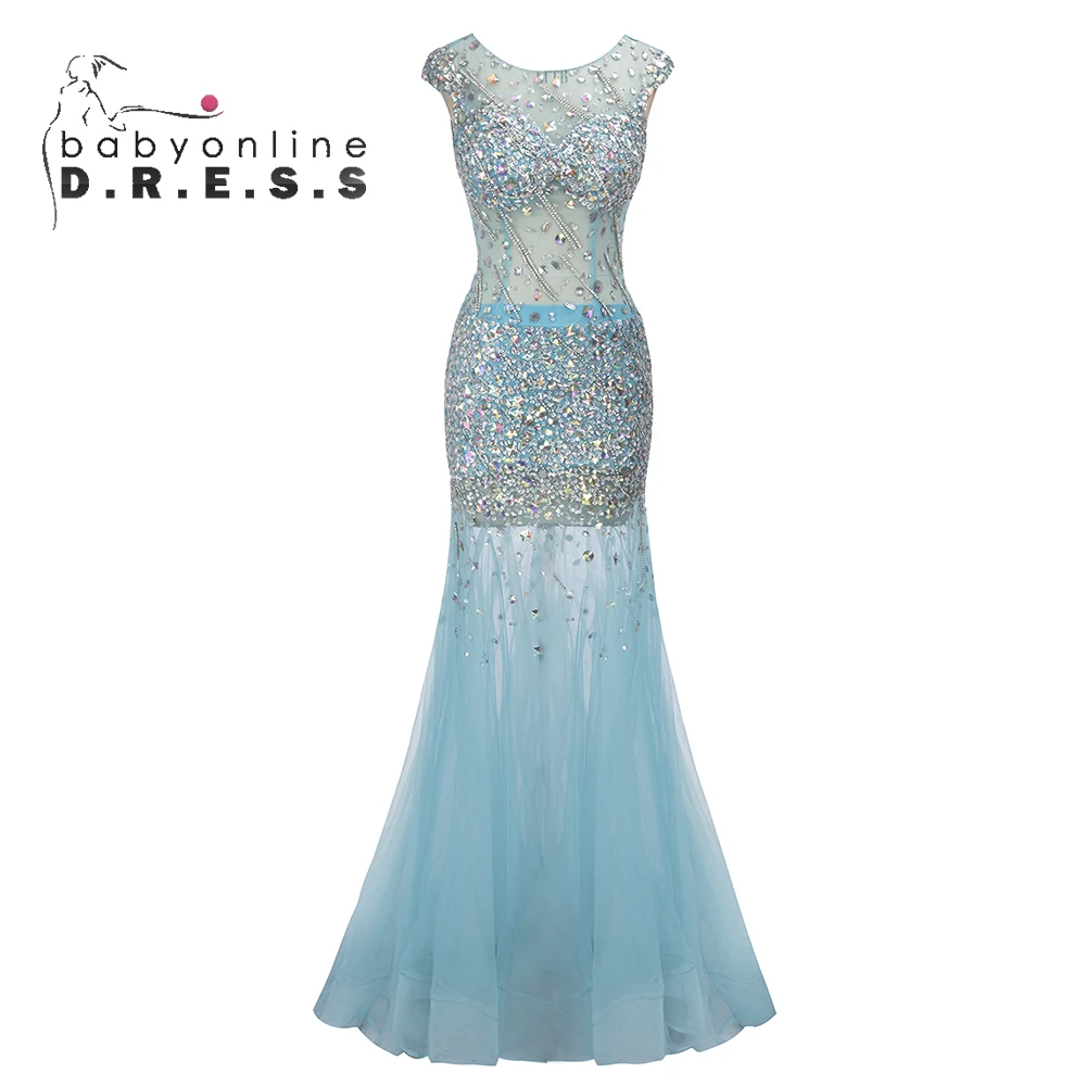 

BABYONLINE Light Blue Prom Dress Sparkly Irregular Sparkling Crystals Sleeveless Diamonds Embellished Along Illusion Tulle Skirt