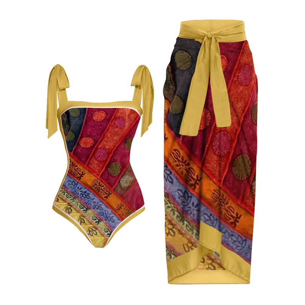 

One-Piece Vintage Colorblock Swimsuits Lace-up Square Neck Luxury Designer Swimwear Holidays Beach Bathing Suit Monokini
