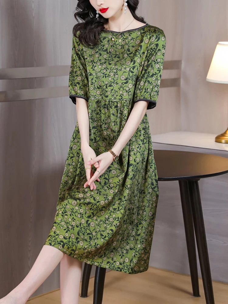 Женское шелковое атласное платье с коротким рукавом, облегающее ТРАПЕЦИЕВИДНОЕ ПЛАТЬЕ выше колена с О-образным вырезом и зеленым цветочным...