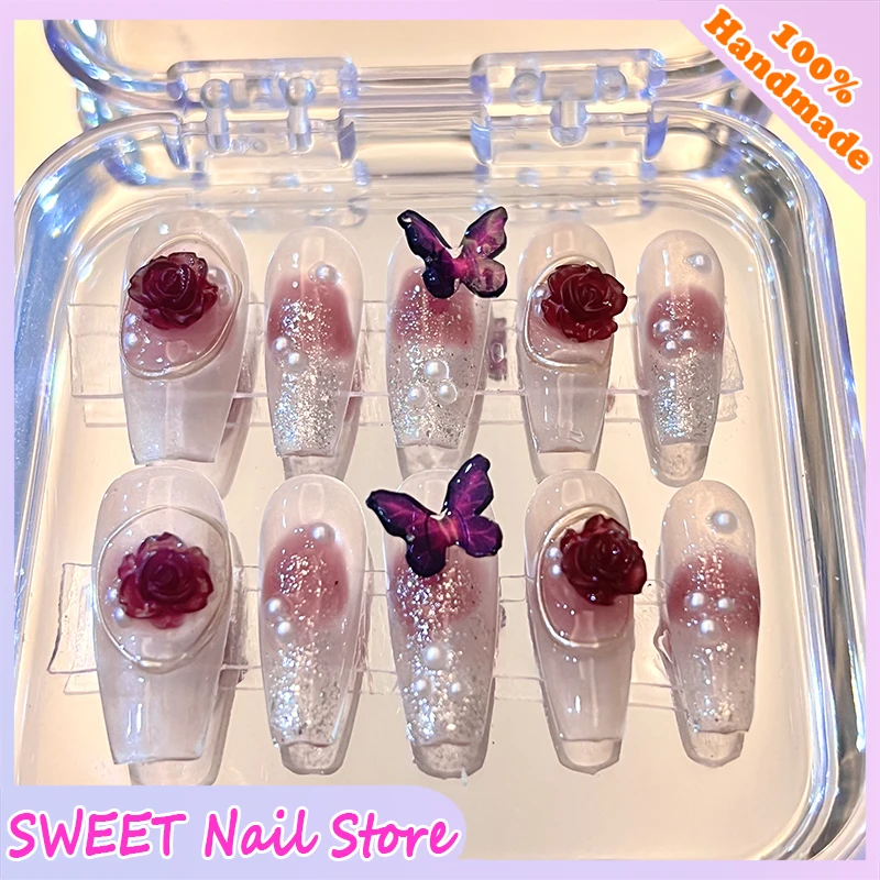 

2023 Burgundy 3D Rose Nail Tips Butterf Press On Nails Accessories Camellia Long Coffin Pearls Girls False Nails Luxury