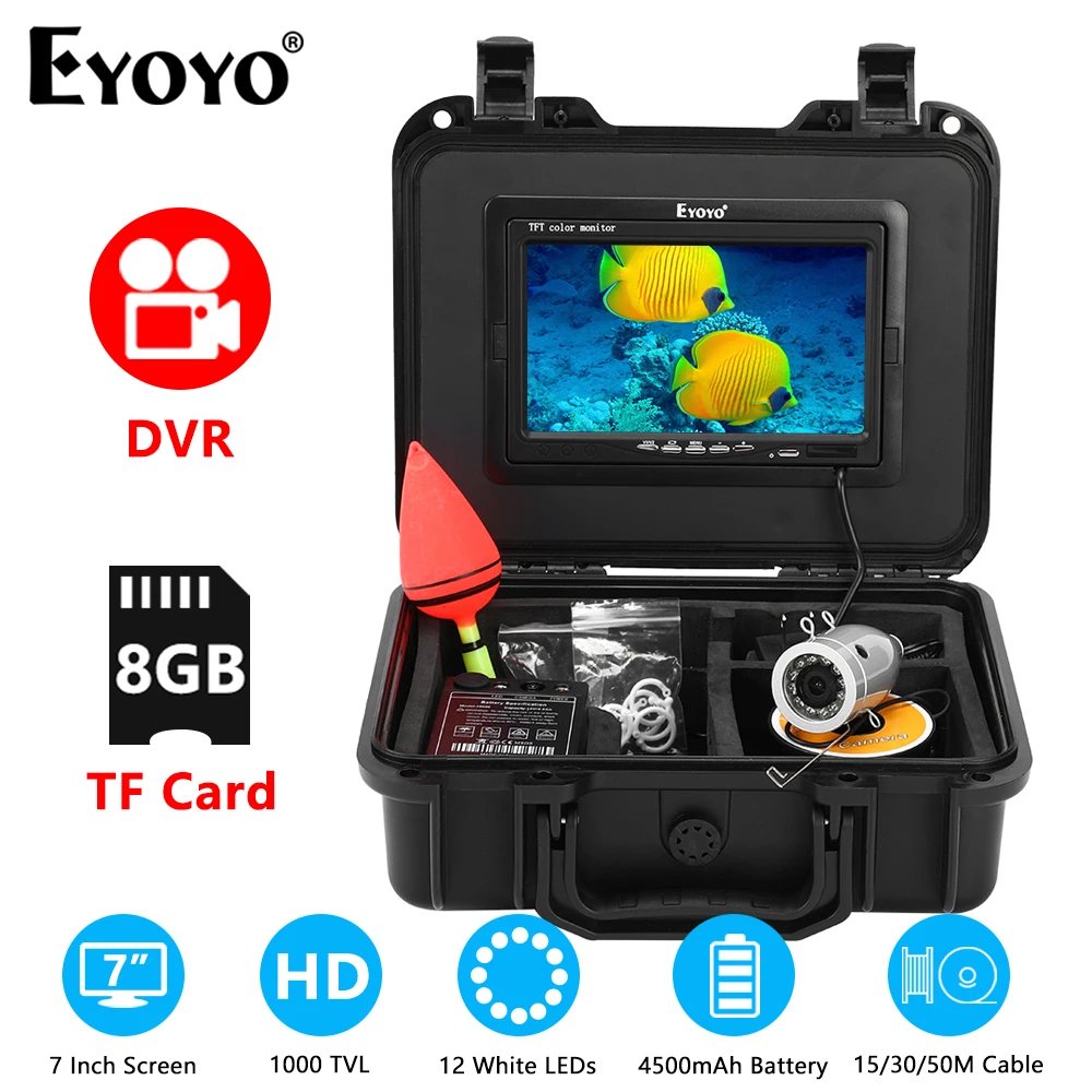 

Eyoyo Fish Finder Support DVR Function 7" IPS Monitor 1000TVL Camera 12pcs White LEDs, 15M/30M/50M Underwater Ice Fishing Cable