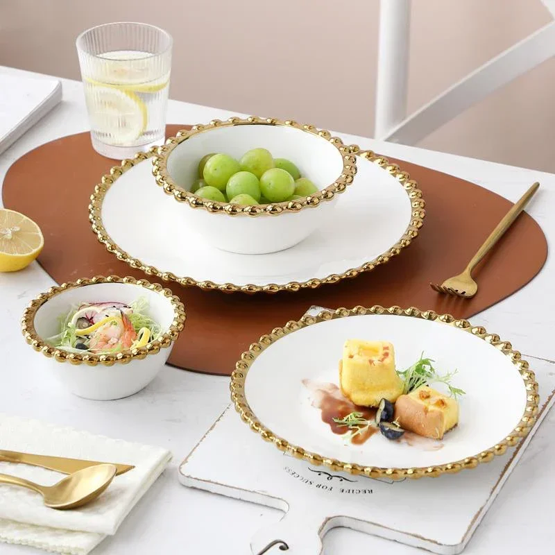 

White Ceramic Dinnerware Set Home Hotel Round Dinner Plates and Soup Salad Bowls Wedding Party Serving Dishes with Gold Rim