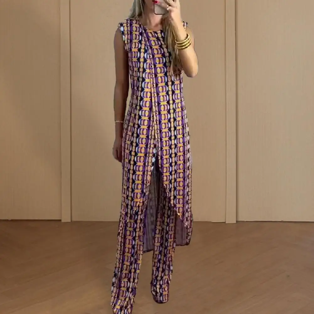 Wide Leg Pants Top Suit Colorful Print Women's Blouse Trousers Set Stylish Top with Wide Leg Pants Irregular Split Hem Design
Wide Leg Pants Top Suit Colorful Print Women's Blouse Trousers Set Stylish Top with Wide Leg Pants Irregular Split Hem Design