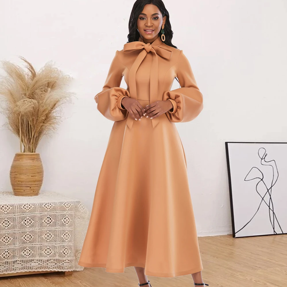 

Women Maxi Dress Fall Winter A-Line Lantern Long Sleeves Bowtie Collar Midi Party Elegant Fashion New Female Solid Color Robes