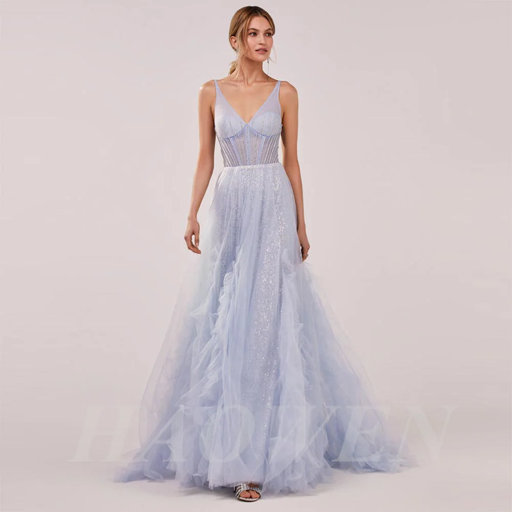 HAOWEN Dreamy Beading Crystal Sequined Prom Dresses V-Neck Spaghetti Strap Tiered Ruffled Evening Dress Wedding Party Gown
HAOWEN Dreamy Beading Crystal Sequined Prom Dresses V-Neck Spaghetti Strap Tiered Ruffled Evening Dress Wedding Party Gown