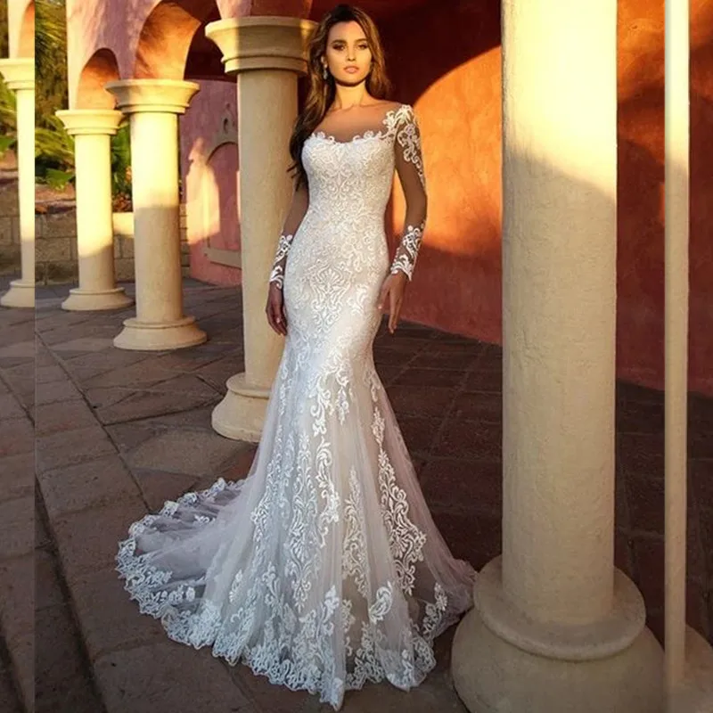 Женское свадебное платье с юбкой годе, кружевное платье с длинным рукавом и аппликацией со шлейфом, 2022 
Женское свадебное платье с юбкой годе, кружевное платье с длинным рукавом и аппликацией со шлейфом, 2022