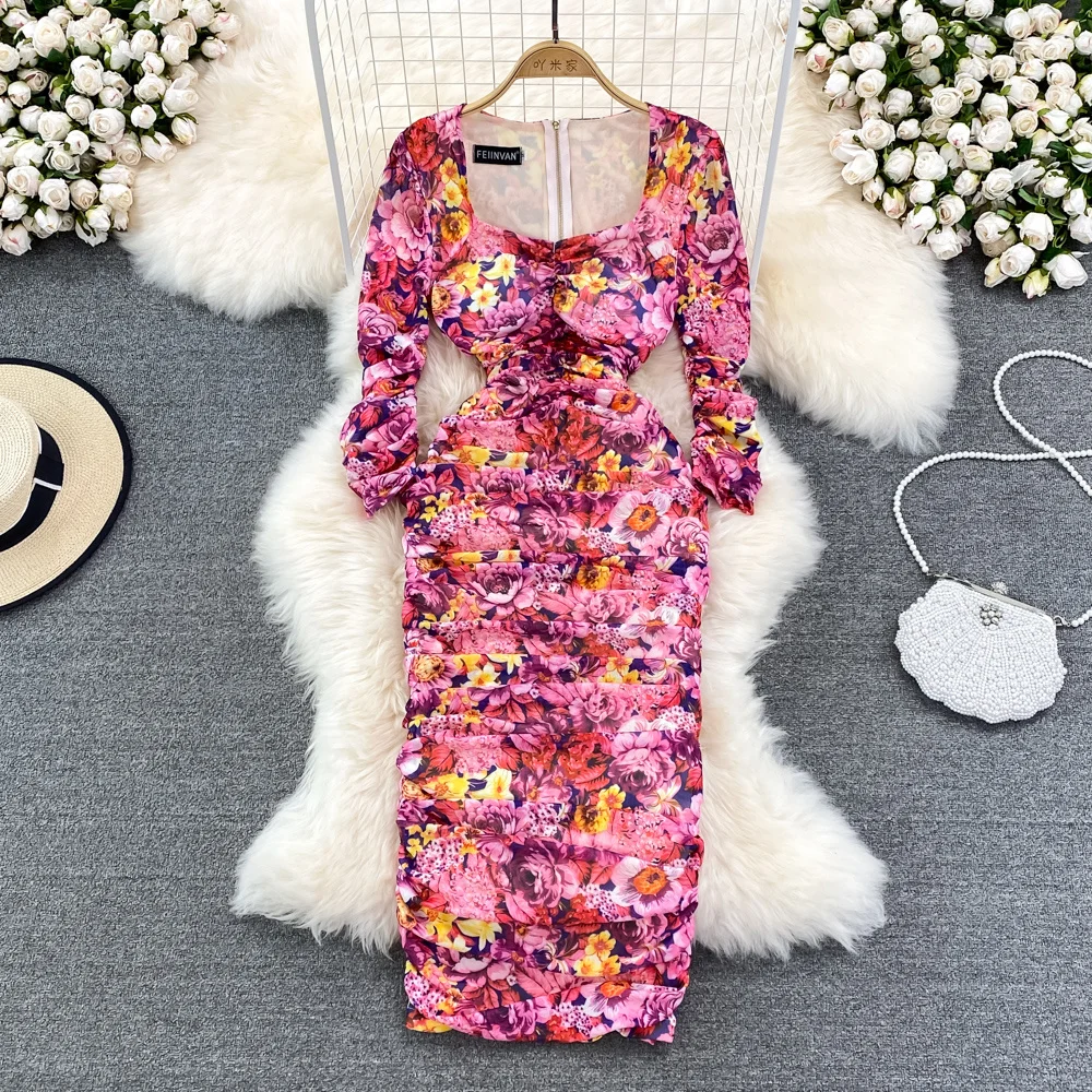 

Runway Celebrities Sheath Sexy Corset Floral Printed Bodycon Mesh Tulle Dress Women 2022 Summer Autumn Midi Long Party Dresses