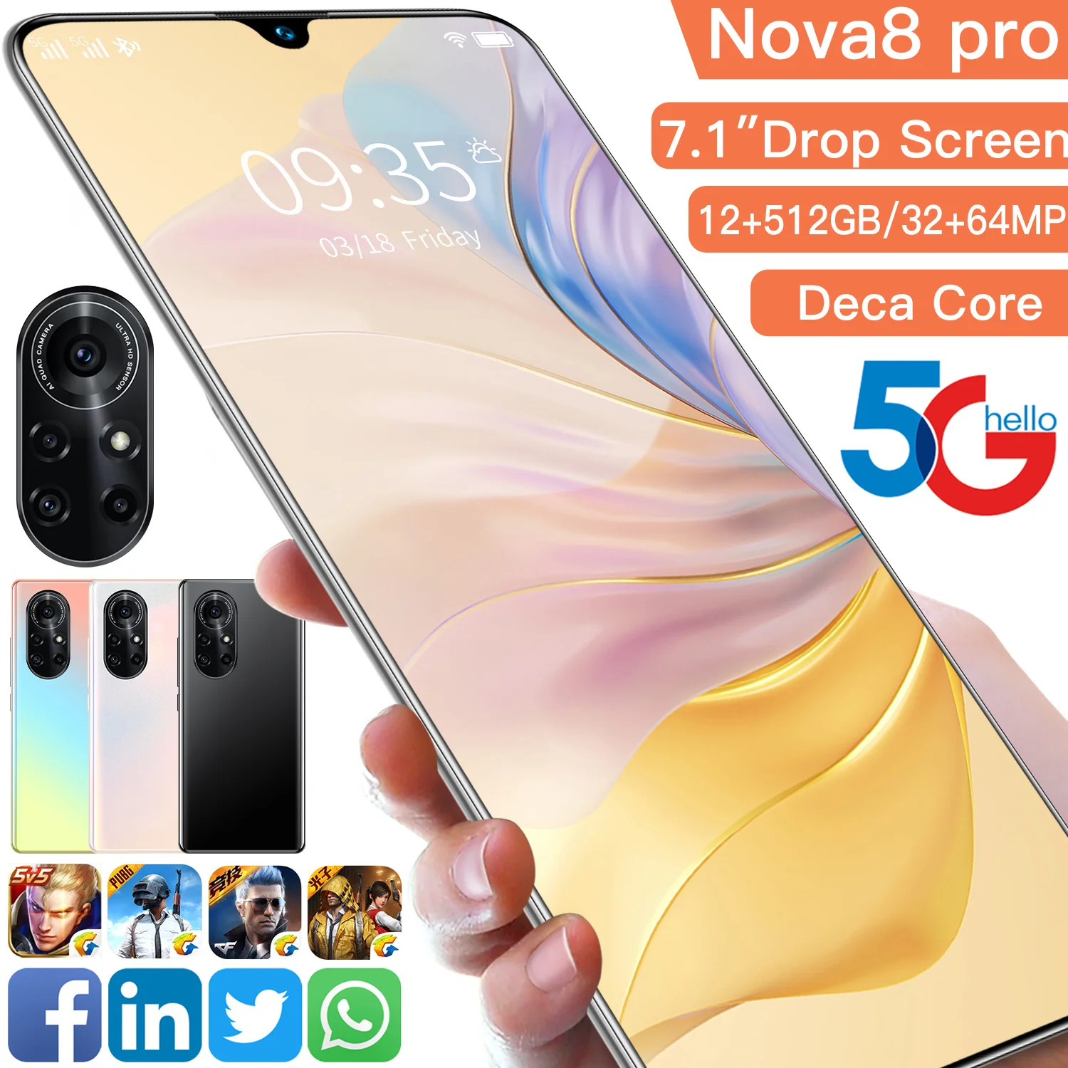 Mobile Phone Nova8 Pro 12GB+512GB 7.1Inch Face ID 6800mAh Dual SIM Android11 Cellphone unlocked 4G 5G 32MP+64MP Smartphones
Mobile Phone Nova8 Pro 12GB+512GB 7.1Inch Face ID 6800mAh Dual SIM Android11 Cellphone unlocked 4G 5G 32MP+64MP Smartphones