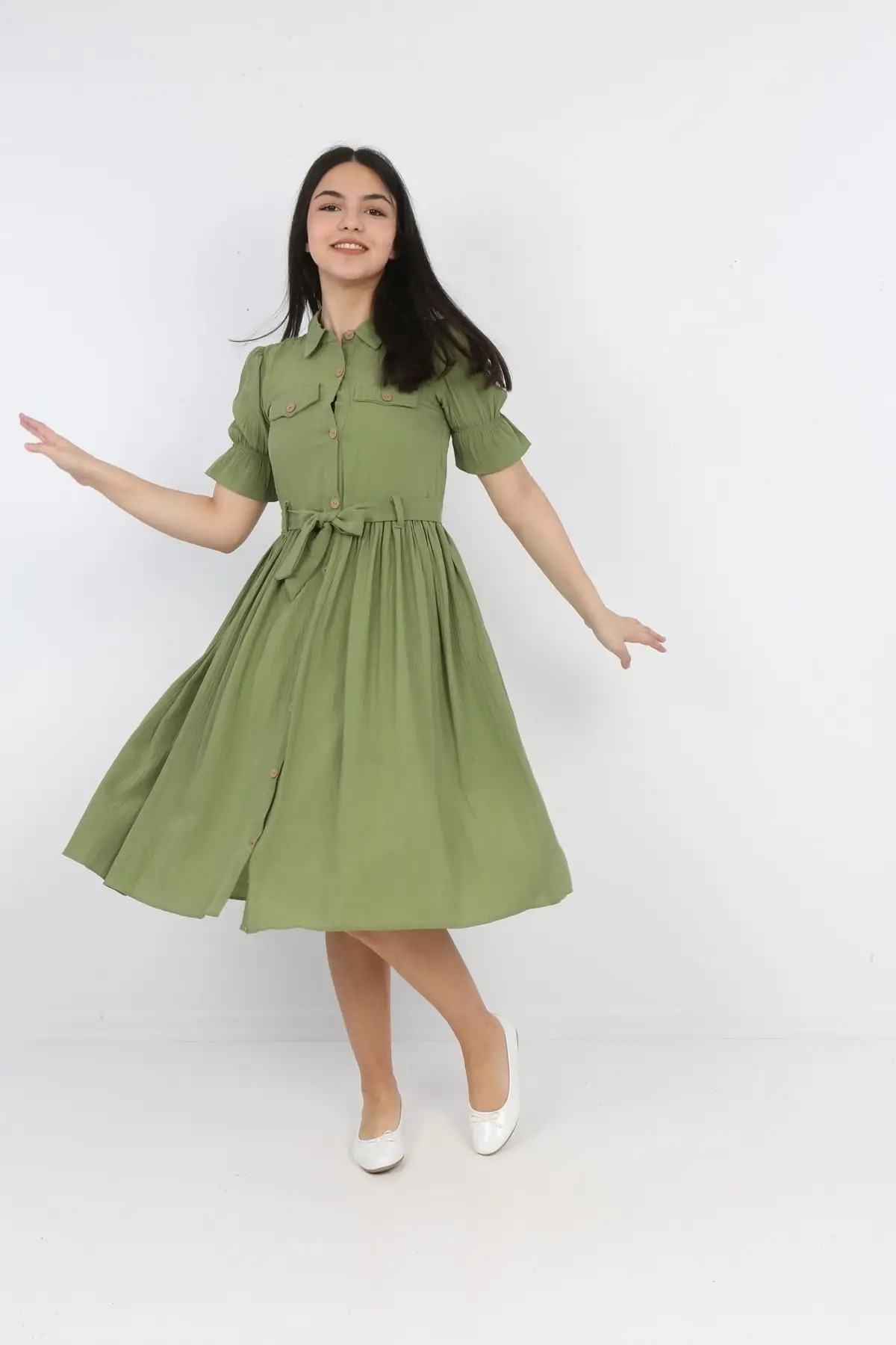 Girl's Dress With a Button-Up Belted Dress With Linen Mix Short Trend Plain Color Standard Shirt Regular Green
Girl's Dress With a Button-Up Belted Dress With Linen Mix Short Trend Plain Color Standard Shirt Regular Green