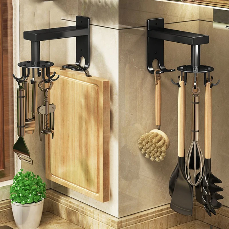 

Kitchen Storage Rotate Hook Aluminum Punch-Free Wall Hanging Kitchenware Cutting Board Spatula Spoon Knife Retractable Rack