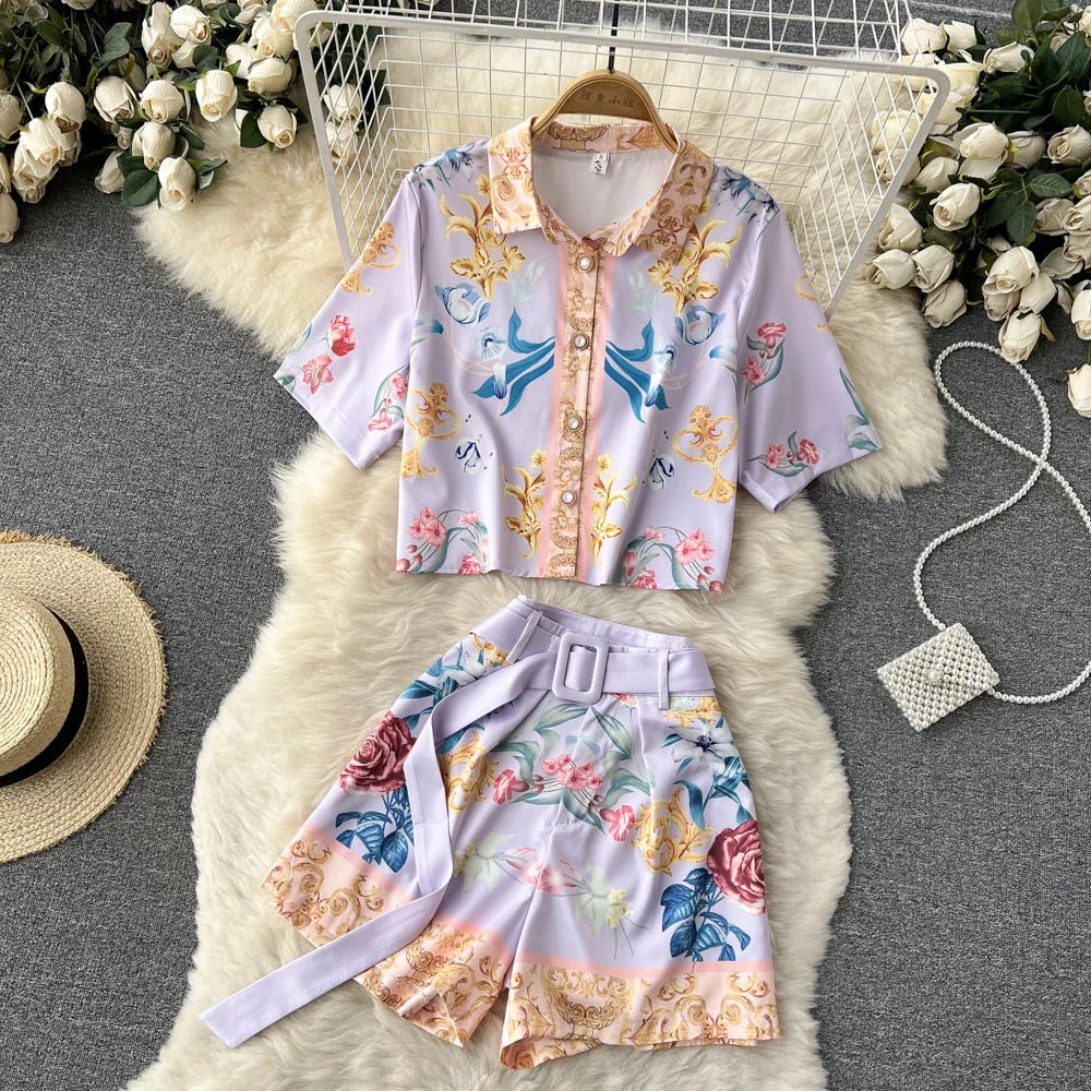 High Quality Summer Flower 2 Piece Set Women's Short Sleeve Floral Print Shirts Top+Pocket High Waist Belt Wide Leg Shorts Suits
High Quality Summer Flower 2 Piece Set Women's Short Sleeve Floral Print Shirts Top+Pocket High Waist Belt Wide Leg Shorts Suits