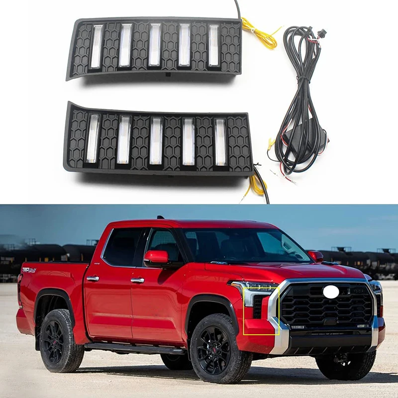 Светодиодный дневные ходовые огни для Toyota Tundra 2022 2023, белые (DRL) Желтые реле сигнала поворота, водонепроницаемые 12 В DRL Противотуманные фары
Светодиодный дневные ходовые огни для Toyota Tundra 2022 2023, белые (DRL) Желтые реле сигнала поворота, водонепроницаемые 12 В DRL Противотуманные фары