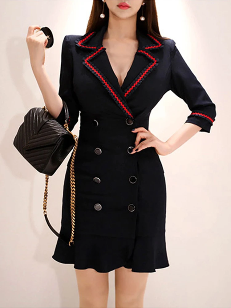 Korean Fashion Office Women Dress Black Temperament Formal Notched Neck Ruffle Slim Mini Party Commute Lady Femme Mujer Vestidos
Korean Fashion Office Women Dress Black Temperament Formal Notched Neck Ruffle Slim Mini Party Commute Lady Femme Mujer Vestidos