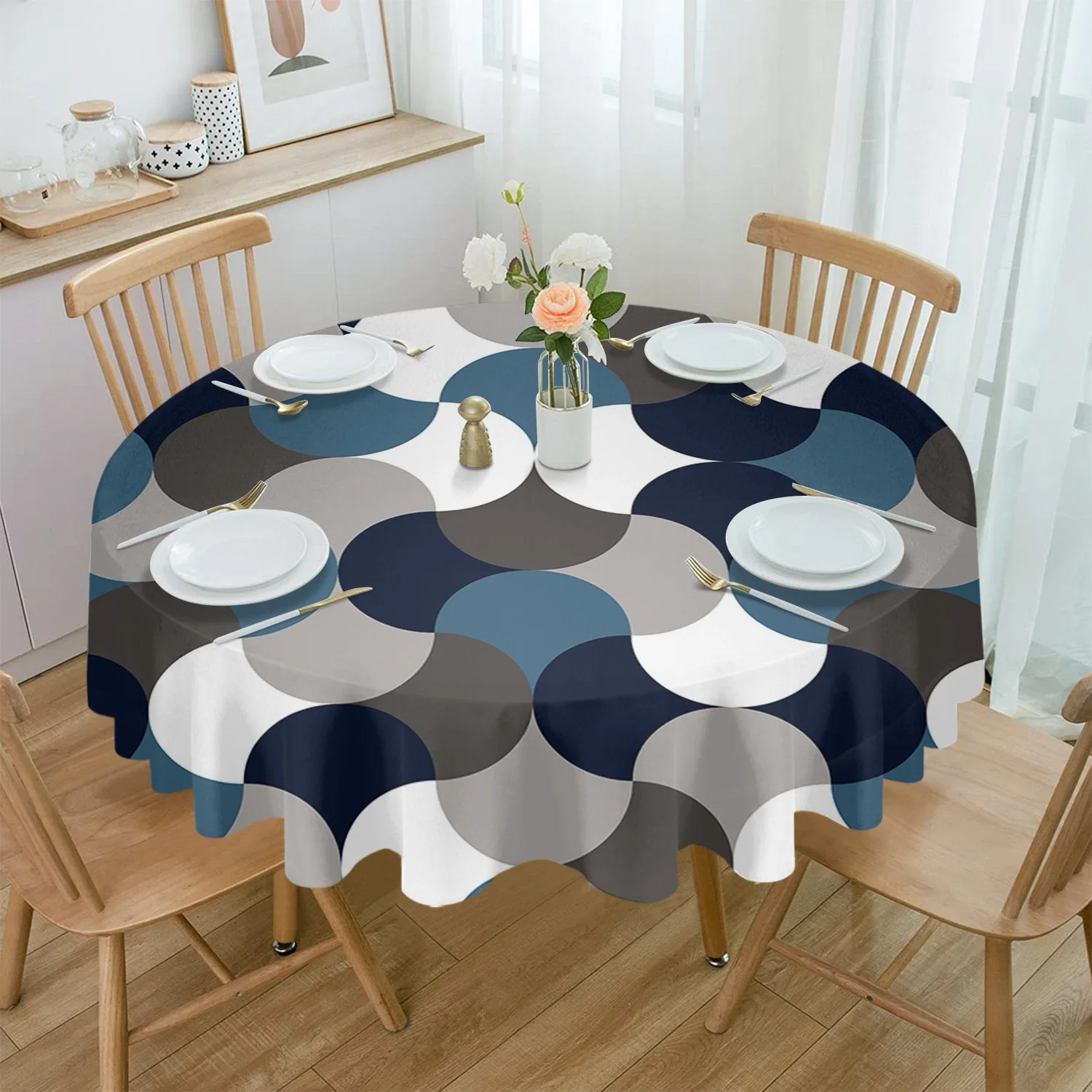 

Medieval Abstract Geometry Blue Waterproof Tablecloth Table Decoration Round Table Cover for Kitchen Wedding Home Dining Room