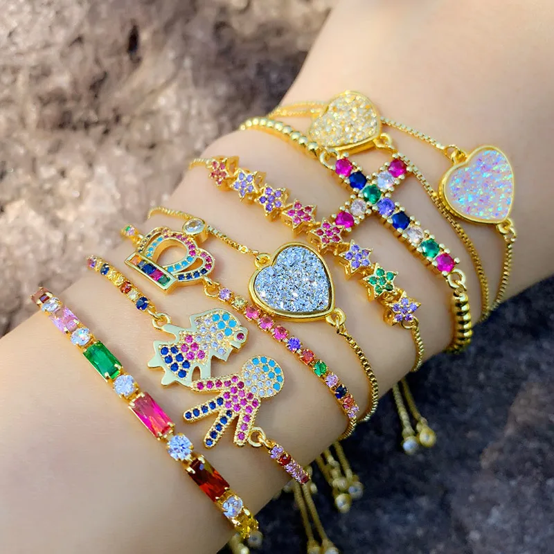 

WANGAIYAO new fashion adjustable diamond-encrusted bracelet Sparkles with colorful zircon hand ornaments Peach Cross Crown brace
