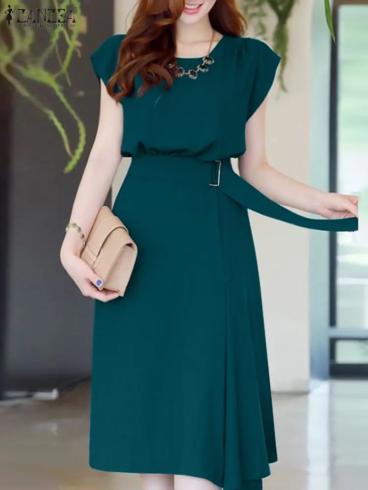 

ZANZEA Elegant Casual Sundress Summer Women Dress Short Sleeve Midi Vestido Female Party Holiday Dresses OL Kaftan Belted Robe