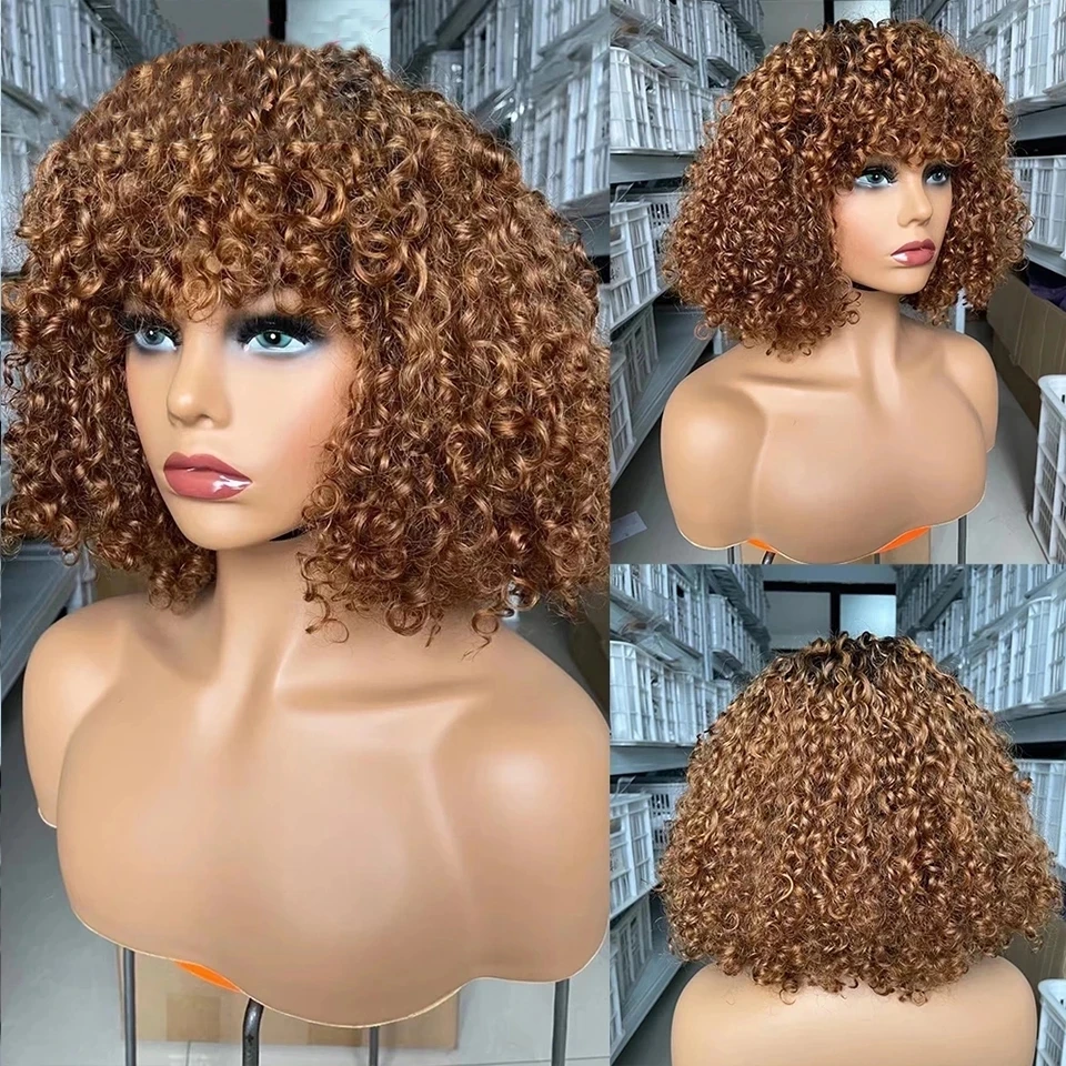 

Auburn Brown Bouncy Curly Fringe Ombre Blonde Human Hair Wigs With Bangs Kinky Curl Natural Hair Full Machine Made 250Density