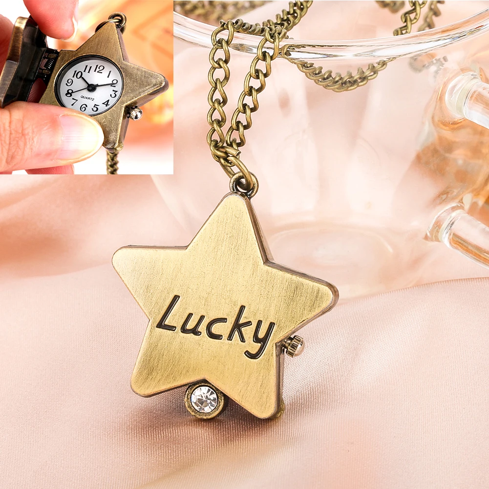 Exquisite Bronze Unisex Quartz Pocket Watch Star Dot Diamond Arabic Numeral Dial Pendant Clock Necklace Watches with Slim Chain
Exquisite Bronze Unisex Quartz Pocket Watch Star Dot Diamond Arabic Numeral Dial Pendant Clock Necklace Watches with Slim Chain