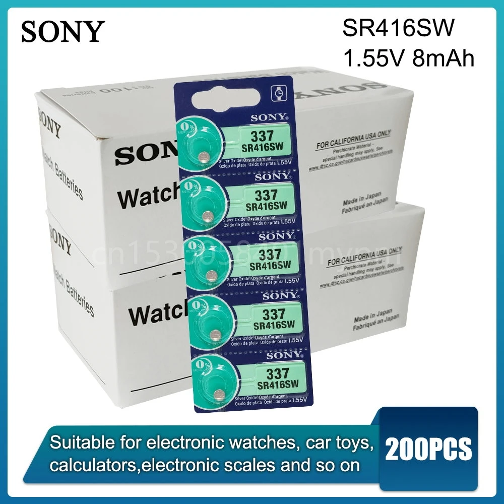 200PCS for Sony New LONG LASTING 1.55V 337 SR416SW 623 D337 V337 SP337 Watch Silver Oxide Battery Button Coin Cell MADE IN JAPAN
200PCS for Sony New LONG LASTING 1.55V 337 SR416SW 623 D337 V337 SP337 Watch Silver Oxide Battery Button Coin Cell MADE IN JAPAN