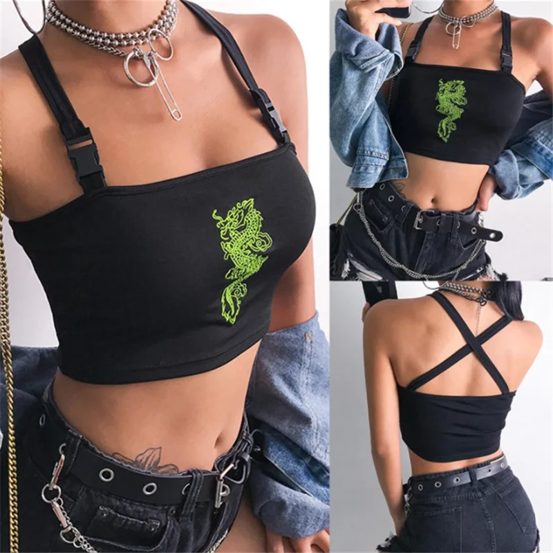 

Fashion Women Sexy Hot Summer Buckle Vest Boob Tube Crop Top Bralet Sheer Dragon Embroidery Stylish Cami Tank Top