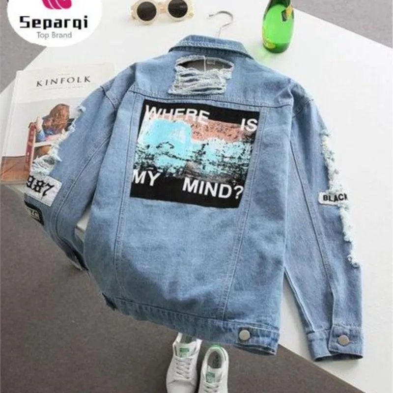 

Women Frayed Denim Bomber Jacket Appliques Print Where Is My Mind Lady Vintage Elegant Outwear Autumn Fashion Coat SEPARQI 2023