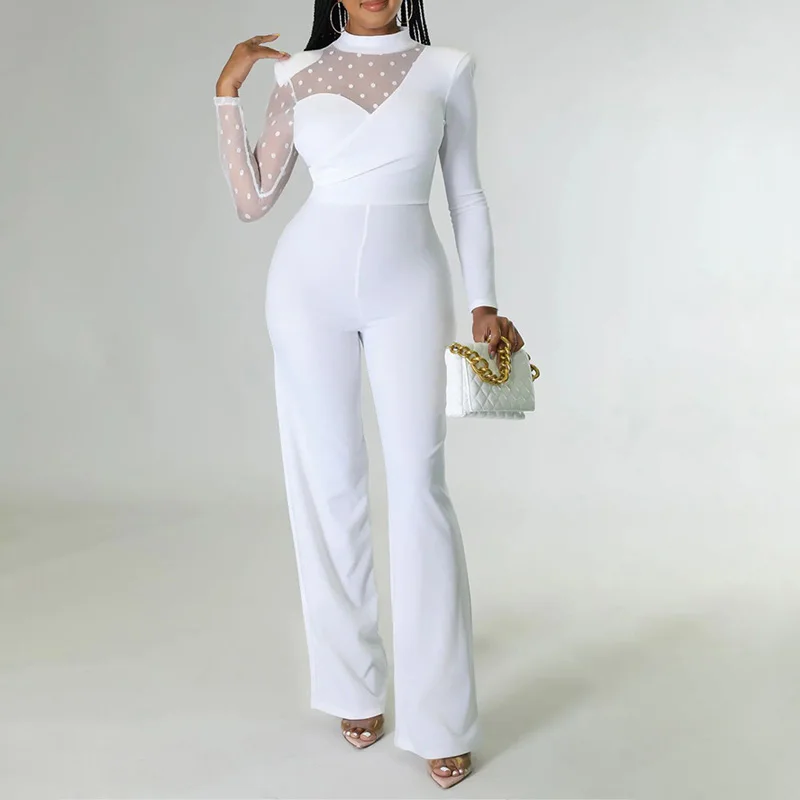 Fashion Waisted Solid Jumpsuit Women Elegant Dot Print Stitching Mesh Straight Romper Sexy Turtleneck Long Sleeve Long Overall
Fashion Waisted Solid Jumpsuit Women Elegant Dot Print Stitching Mesh Straight Romper Sexy Turtleneck Long Sleeve Long Overall
