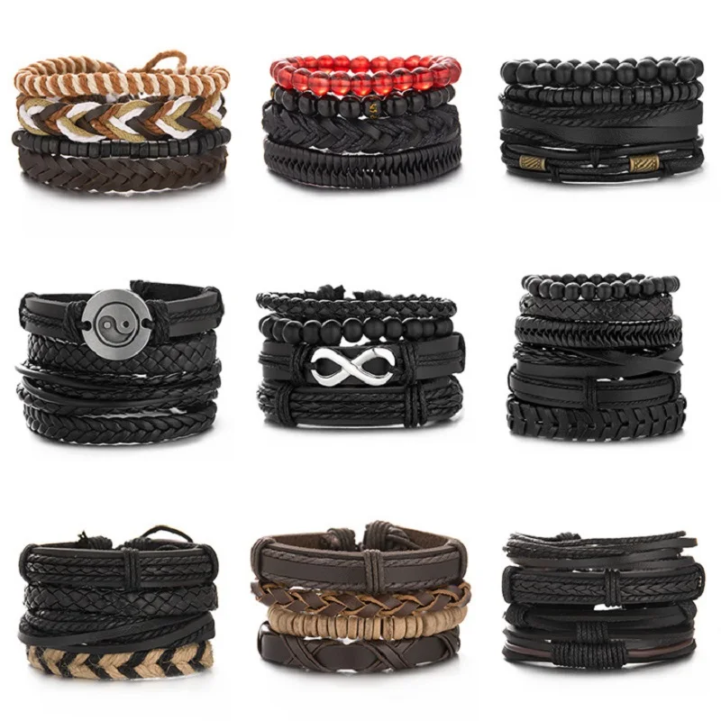 

4pcs Braided Wrap Leather Bracelets Men Multilayer Handmade Weave Beads Vintage Charm Bracelet Ethnic Tribal Wristbands Gifts