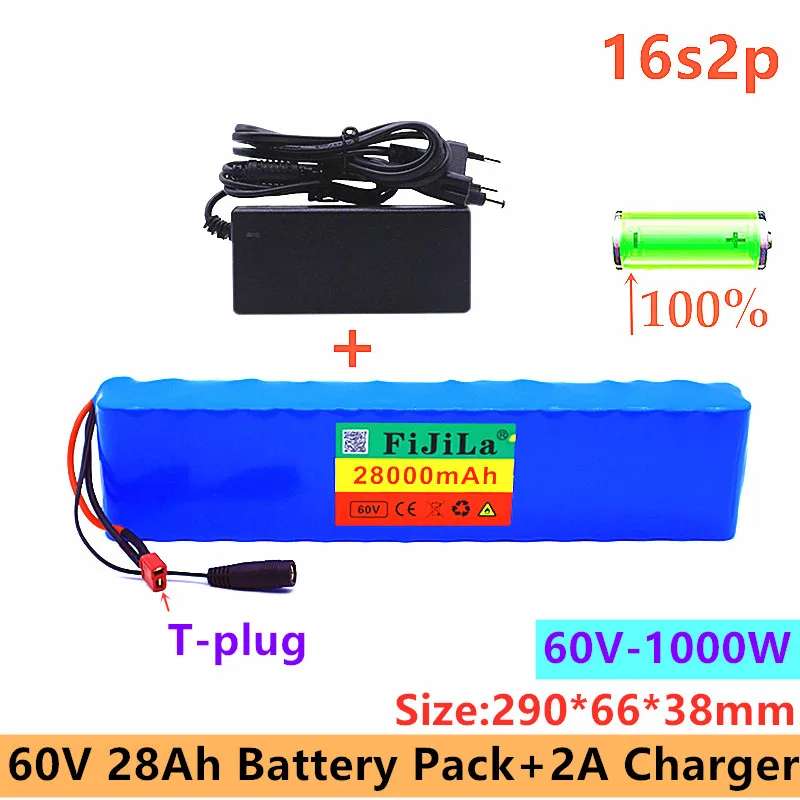 New 60V 16S2P 28Ah 18650 Li-ion Battery 67.2V 28000mAh Ebike Electric Bicycle Scooter With BMS 1000Watt xt60 Plug With+ Charger
New 60V 16S2P 28Ah 18650 Li-ion Battery 67.2V 28000mAh Ebike Electric Bicycle Scooter With BMS 1000Watt xt60 Plug With+ Charger