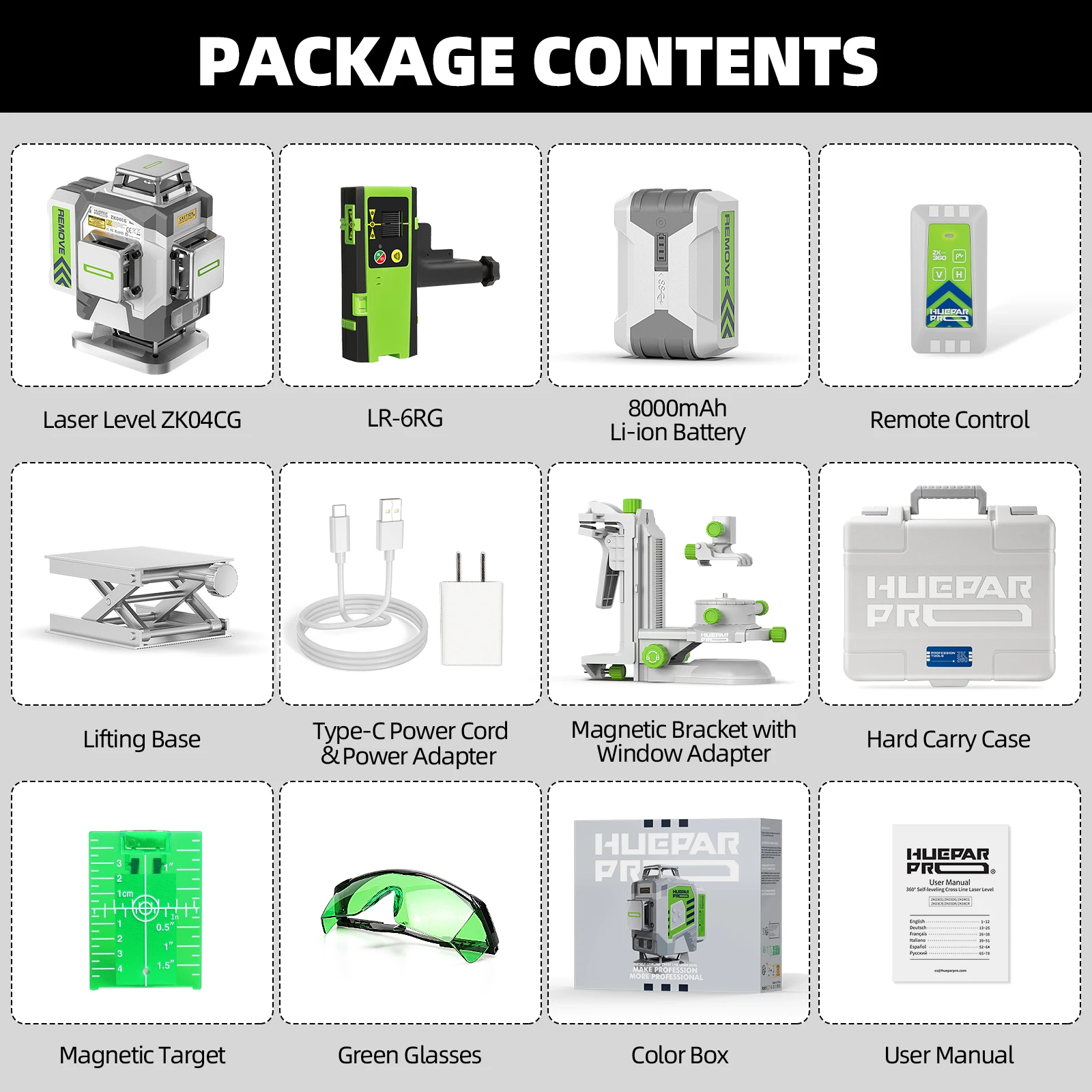 Huepar ZK04CG зеленый лазерный уровень 
Huepar ZK04CG зеленый лазерный уровень