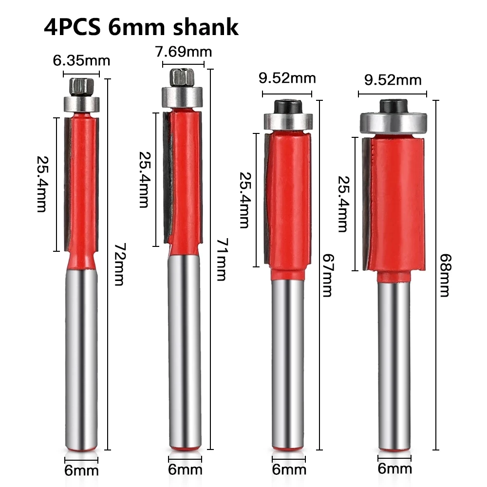 4Pcs 6mm Shank Flush Trim Router Bit For Wood Tungsten Carbide Milling Cutter CNC Ground To A 600 Grit Router Bit Kit
4Pcs 6mm Shank Flush Trim Router Bit For Wood Tungsten Carbide Milling Cutter CNC Ground To A 600 Grit Router Bit Kit